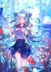  1girl air_bubble bangs blue_hair blue_sailor_collar blue_skirt blurry blurry_foreground blush breasts bubble caustics closed_mouth commentary_request coral day double_bun eyebrows_visible_through_hair feet_out_of_frame fish fork hands_up head_fins holding holding_fork holding_hair long_hair looking_at_viewer midriff_peek neckerchief ocean orange_eyes original otoufu_(gotouhu) outdoors pink_neckwear pleated_skirt sailor_collar school_uniform serafuku shell_hair_ornament shirt short_sleeves signature skirt small_breasts smile solo underwater very_long_hair white_shirt 