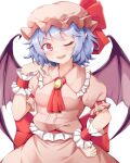  1girl ascot bat_wings blue_hair blush eyebrows_visible_through_hair fang hand_on_hip hat looking_at_viewer mob_cap one_eye_closed open_mouth red_ascot red_neckwear remilia_scarlet rururiaru short_hair simple_background skin_fang smile solo touhou white_background wings wrist_cuffs 