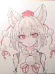  1girl animal_ears closed_mouth eyebrows_visible_through_hair hat inubashiri_momiji looking_at_viewer marker_(medium) red_eyes red_headwear short_hair smile solo tokin_hat touhou traditional_media tsukeo upper_body white_hair wolf_ears wolf_girl 