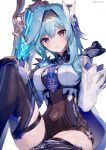  1girl ainy arm_up bangs black_gloves black_legwear black_leotard blue_hair blue_neckwear blush breasts cape claymore_(sword) closed_mouth commentary_request eula_(genshin_impact) eyebrows_visible_through_hair eyelashes genshin_impact gloves grey_eyes hair_between_eyes hair_ornament hairband hand_on_own_knee head_tilt highres holding holding_sword holding_weapon large_breasts leg_up leotard long_hair long_sleeves looking_at_viewer necktie parted_lips sidelocks simple_background sitting solo sword thigh-highs twitter_username two-tone_gloves v-shaped_eyebrows vision_(genshin_impact) weapon white_background yellow_eyes zettai_ryouiki 
