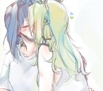  2girls absurdres blue_hair blue_heart blush bow bow_earrings ceres_fauna closed_eyes earrings english_commentary eyebrows_visible_through_hair green_hair heart highres hololive hololive_english jewelry kiss legzy multiple_girls ouro_kronii virtual_youtuber yuri 