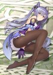  1girl bangs bare_shoulders blush breasts brown_legwear dress eyebrows_visible_through_hair frilled_gloves frills genshin_impact gloves hair_ornament keqing_(genshin_impact) legs long_hair looking_at_viewer lying medium_breasts on_side pantyhose parted_lips purple_dress purple_gloves purple_hair scan shiny shiny_clothes shiny_hair short_dress simple_background sleeveless tied_hair tony_taka twintails violet_eyes white_background 