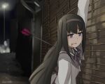  akemi_homura alley arm_up arrow_(projectile) artist_name bangs black_hair black_hairband black_shirt blood blood_from_mouth capelet collared_shirt commentary death dying english_commentary eyebrows_visible_through_hair hair_between_eyes hairband highres injury jitome joji_miller leaning leaning_on_object magical_girl mahou_shoujo_madoka_magica neck_ribbon outdoors pan-ooh parody purple_capelet purple_ribbon ribbon shiny shiny_hair shirt slow_dancing_in_the_dark_(song) tsurime vest violet_eyes wall white_vest wing_collar 