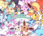  &gt;_o :3 :d ;) ;d alternate_color arm_up artist_name blue_eyes blush brown_eyes closed_mouth commentary_request dated drop_shadow eevee espeon fang flareon glaceon green_eyes holding_hands jolteon leafeon looking_at_viewer lying no_humans on_back one_eye_closed open_mouth partial_commentary pawpads pokemon pokemon_(creature) rainbow red_eyes shadow shiny_pokemon smile starry_background sylveon umbreon vaporeon violet_eyes wataame_(tulip) white_background yellow_eyes 