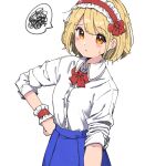  1girl alice_margatroid bangs blonde_hair blue_skirt blush bow bowtie closed_mouth collared_shirt eyebrows_visible_through_hair frilled_hairband frills hair_bow hairband hand_on_hip looking_at_viewer medium_hair orange_eyes red_bow red_bowtie red_hairband shirt simple_background skirt sleeves_rolled_up solo spoken_squiggle squiggle sweat touhou upper_body white_background white_shirt wrist_cuffs yugiri_(yugiri_picture) 