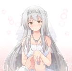  1boy 1girl blush bridal_veil brown_eyes closed_mouth commentary_request dress eyebrows_visible_through_hair icesherbet jewelry kantai_collection long_hair looking_at_viewer ring shirt shoukaku_(kancolle) silver_hair smile tiara upper_body veil wedding_dress wedding_ring white_dress white_shirt 