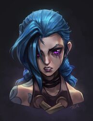  1girl artist_name asymmetrical_bangs bangs bare_shoulders black_background blood blood_from_eyes blue_hair braid clenched_teeth collarbone cropped_shoulders gradient gradient_background hair_over_one_eye imdrunkontea jinx_(league_of_legends) league_of_legends long_hair looking_at_viewer pink_blood shiny shiny_hair solo teeth twin_braids 