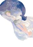  1boy arm_across_waist barefoot bed blonde_hair crossed_ankles grey_shorts highres kuroha_dayo long_sleeves lying mobile on_back original pillow shirt short_hair shorts sleeping white_background white_shirt 