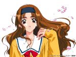  1girl black_headband brown_eyes brown_hair company_name copyright earrings endou_akira hand_up headband jewelry long_hair looking_at_viewer non-web_source official_art petals school_uniform sentimental_graffiti sentimental_journey_(anime) sleeves_past_wrists smile solo upper_body white_background 