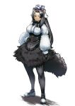  1girl :/ animal_ears anteater_ears anteater_tail arm_at_side black_hair bow bowtie breast_pocket breasts center_frills closed_mouth corset expressionless frills full_body fur_skirt fur_sleeves giant_anteater_(kemono_friends) gloves hair_ornament hand_on_hip kemono_friends large_breasts long_hair long_sleeves looking_at_viewer pantyhose pocket puffy_long_sleeves puffy_sleeves render_hatch shoes simple_background skirt solo standing tail very_long_hair white_background 