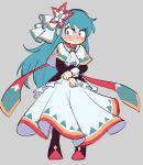  1girl alternate_costume angry ascot bangs blue_eyes blue_hair blush bzzt_gcxll cuffs embarrassed flower full_body gem hair_flower hair_ornament hilda_(hilda) hilda_(series) holding_own_wrist long_hair long_skirt looking_to_the_side red_footwear sketch skirt solo white_skirt 