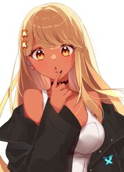  1girl :o bangs bare_shoulders black_choker black_jacket black_nails blonde_hair blush breasts choker collarbone ear_piercing eyebrows_visible_through_hair fingernails fujishiro_kokoa hair_ornament highres index_finger_raised jacket kaminari_qpi long_fingernails long_hair long_sleeves looking_at_viewer medium_breasts nail_polish off_shoulder open_clothes open_jacket open_mouth orange_eyes piercing shirt solo swept_bangs tank_top upper_body virtual_youtuber vspo! white_shirt 