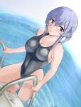  1girl black_swimsuit blue_eyes blue_hair breasts commentary_request competition_swimsuit dutch_angle gotland_(kancolle) highleg highleg_swimsuit highres kantai_collection large_breasts long_hair mole mole_under_eye one-piece_swimsuit pachio pool_ladder solo swimsuit water 