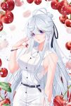  1girl breasts cherry douluo_dalu food fruit gu_yuena highres large_breasts leaf long_hair silver_hair sprinkles violet_eyes weibo_id weibo_logo white_background 