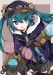  1girl :o bangs black_headwear black_legwear black_shorts bloom_minority blue_capelet blue_hair blue_necktie bright_pupils cabbie_hat capelet commentary fur-trimmed_capelet fur_trim garter_straps gear_hair_ornament gears goggles goggles_on_headwear hat hatsune_miku highres holding holding_weapon long_hair looking_to_the_side mismatched_pupils necktie pink_sweater screw shorts sidelocks solo steampunk sweater symbol-shaped_pupils thigh-highs twintails vocaloid weapon white_necktie white_pupils 
