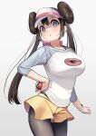  1girl :o black_legwear blue_eyes breasts brown_hair double_bun gradient gradient_background grey_background hand_on_hip highres holding holding_poke_ball kaedeko_(kaedelic) large_breasts long_hair looking_at_viewer pantyhose poke_ball pokemon pokemon_(game) pokemon_bw2 raglan_sleeves rosa_(pokemon) shorts solo twintails yellow_shorts 