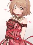  1girl arms_behind_back bangs bead_necklace beads blush breasts clothes_writing dress eyebrows_visible_through_hair hair_between_eyes hair_ornament hairband hairclip heart idolmaster idolmaster_cinderella_girls jewelry korean_commentary looking_at_viewer medium_breasts mg_pong mimura_kanako necklace pink_dress short_hair simple_background sleeveless sleeveless_dress smile solo 