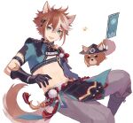  1boy absurdres animal_ears armor black_gloves blue_eyes brown_hair commentary dog dog_boy dog_ears genshin_impact gloves gorou_(genshin_impact) highres japanese_armor japanese_clothes male_focus midriff multicolored_hair ogawa_32 open_mouth smile solo streaked_hair white_background 