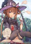  1girl animal_ears autumn_leaves_(tail_fox) blurry blurry_background book boots brown_hair commentary_request dirt foreshortening gloves hat highres horse_ears horse_girl horse_tail sitting solo sweep_tosho_(umamusume) tail thigh-highs thigh_boots twintails umamusume violet_eyes witch_hat 