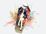  1boy bandage_over_one_eye barefoot blonde_hair capelet coffin colorful hat looking_at_viewer male_focus oliver_(vocaloid) one_eye_covered petals ribbon rose_petals semiko_(kamibukuro) short_hair shorts sitting solo vocaloid yellow_eyes 