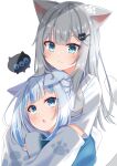  2girls :3 :o animal_ears bangs blue_eyes blue_hair blue_hoodie blue_nails blush cat_ears cat_girl cat_tail commentary divergenceok eyebrows_visible_through_hair gawr_gura hair_ornament highres hololive hololive_english hood hoodie hug hug_from_behind indie_virtual_youtuber long_hair long_sleeves looking_at_another multicolored_hair multiple_girls nacho_(amashiro_natsuki) nail_polish paw_print shirt silver_hair simple_background sleeves_past_wrists streaked_hair symbol-only_commentary tail upper_body virtual_youtuber white_background white_shirt 