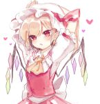  1girl ascot back_bow bangs blonde_hair blush bow buttons crystal eyebrows_visible_through_hair flandre_scarlet frilled_shirt frilled_shirt_collar frilled_sleeves frills hat hat_ribbon looking_at_viewer mob_cap one_side_up open_mouth pointy_ears puffy_short_sleeves puffy_sleeves red_bow red_eyes red_ribbon red_skirt red_vest ribbon ribbon_trim shirt short_hair short_sleeves skirt solo sorani_(kaeru0768) touhou vest white_background white_bow white_shirt wings yellow_ascot 