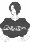  1girl blush breasts clothes_writing collarbone english_text eyes_visible_through_hair greyscale hair_over_one_eye hands_on_hips huge_breasts looking_at_viewer midriff monochrome one_eye_closed open_mouth original redrawn saya_(twrlare) shirt short_hair simple_background smile solo t-shirt tied_shirt translucent_hair twrlare upper_body white_background 