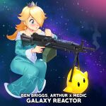  1girl bare_shoulders blonde_hair blue_eyes crown dress earrings galaxy_background gun hair_over_one_eye highres holding holding_gun holding_weapon jewelry light_machine_gun long_hair luma_(mario) machine_gun mathias_leth rosalina smoke smoking_gun star_(symbol) star_earrings super_mario_bros. super_mario_galaxy weapon 