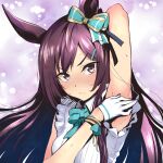  1girl animal_ears aqua_bow arm_behind_head armpits bow closed_mouth commentary_request covering gloves hair_bow horse_ears horse_girl long_hair looking_at_viewer mejiro_dober_(umamusume) nakahira_guy purple_hair solo sweat umamusume upper_body violet_eyes white_gloves 