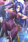  1girl armpits blue_eyes blue_hair blurry blurry_background bodysuit breasts closed_mouth covered_navel floating_hair frown full_moon gloves hair_over_one_eye high_ponytail highres holding holding_sword holding_weapon kazanari_tsubasa lens_flare long_hair medium_breasts moon night purple_bodysuit purple_gloves senki_zesshou_symphogear sheath sheathed shiny shiny_hair side_ponytail solo sword tanashi_(mk2) very_long_hair weapon 