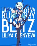  1girl artist_name bangs bare_shoulders black_footwear black_gloves blue_background blue_eyes blue_hair boots character_name closed_mouth dress gloves highres honkai_(series) honkai_impact_3rd horns liliya_olenyeva long_hair looking_at_viewer single_horn sleeveless sleeveless_dress solo standing tail thigh_boots vanna white_dress 