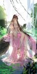  1girl absurdres animal_ears backlighting blurry blurry_background brown_hair douluo_dalu dress highres long_dress pink_dress ponytail rabbit_ears ripples sitting_on_log water xiao_wu_(douluo_dalu) 