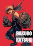  1boy absurdres bakugou_katsuki blonde_hair boku_no_hero_academia boots character_name clenched_hand full_body highres knee_pads kuroha_dayo male_focus mask open_mouth pants red_background red_eyes shirt simple_background sleeveless sleeveless_shirt solo standing 