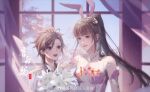  absurdres animal_ears bouquet brown_hair douluo_dalu dress flower headpat highres light_particles mother_and_son pink_dress ponytail rabbit_ears sparkle tang_wulin_(douluo_dalu) weibo_id weibo_logo xiao_wu_(douluo_dalu) 