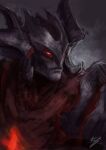  1boy aatrox absurdres closed_mouth colored_skin demon glowing glowing_eyes grey_skin highres hoken45 league_of_legends male_focus painterly red_eyes red_skin signature solo upper_body 