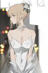  1girl ahoge alternate_costume artoria_pendragon_(fate) bare_shoulders blurry bokeh braid breasts collarbone covered_navel cowboy_shot depth_of_field dress earrings fate/stay_night fate_(series) flower flower_necklace french_braid gloves hair_flower hair_ornament jewelry looking_to_the_side medium_breasts necklace short_hair solo strapless strapless_dress v_arms white_gloves zhibuji_loom 