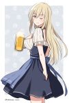  1girl alcohol bangs beer beer_mug bismarck_(kancolle) blonde_hair blush breasts cup dirndl eyebrows_visible_through_hair foam german_clothes german_text highres holding holding_cup iron_cross kantai_collection large_breasts long_hair mug natsume_(natsume_melio) one_eye_closed short_sleeves simple_background skirt_hold smile solo twitter_username 