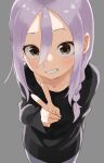  1girl absurdres arm_behind_back bangs black_eyes black_shirt blush braid commentary grey_background grin hair_between_eyes highres long_hair long_sleeves looking_at_viewer purple_hair shirt sidelocks simple_background single_braid smile solo soredemo_ayumu_wa_yosetekuru upper_body v yamamoto_souichirou yaotome_urushi 