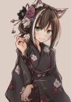 1girl animal_ears black_kimono blush braid brown_hair cat_ears cat_hair_ornament closed_mouth floral_print flower grey_background hair_flower hair_ornament hairpin japanese_clothes karyl_(princess_connect!) kimono long_hair long_sleeves looking_at_viewer mogupon multicolored_hair princess_connect! print_kimono purple_flower simple_background sketch solo standing streaked_hair white_flower 