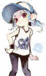  1girl aqua_hair aqua_headwear black_pants blue_headwear closed_mouth hand_on_hip head_tilt inkling looking_at_viewer pants pink_eyes pointy_ears sen_squid shirt simple_background smile solo splatoon_(series) tank_top upper_body v-shaped_eyebrows white_background white_shirt 