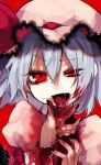  1girl bangs black_nails blood commentary_request eyebrows_visible_through_hair fangs fua_yuu hair_between_eyes hat highres looking_at_viewer mob_cap nail_polish open_mouth red_background red_eyes remilia_scarlet simple_background solo tongue tongue_out touhou upper_body 