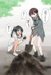  2girls black_hair boots brown_eyes brown_hair commentary_request francesca_lucchini full_body gertrud_barkhorn green_eyes grey_shirt highres long_hair low_twintails military military_uniform momojiri_chiquita multiple_girls no_pants sand shirt shovel strike_witches translation_request twintails uniform white_footwear white_shirt world_witches_series 