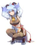  1girl absurdres ahoge armpits arms_up bangs bell blue_hair chaskit7 commentary detached_sleeves eyebrows_visible_through_hair full_body ganyu_(genshin_impact) genshin_impact grey_eyes hair_between_eyes hands_on_own_head high_heels highres horns long_hair long_sleeves looking_at_viewer neck_bell sidelocks simple_background solo squatting white_background wide_sleeves 