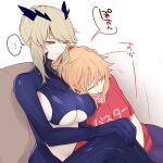  2girls artoria_pendragon_(fate) artoria_pendragon_(lancer_alter)_(fate) blonde_hair braid breasts citron_82 crossed_legs fate/grand_order fate_(series) french_braid hands_on_own_knees head_on_another&#039;s_shoulder horns large_breasts mordred_(fate) mordred_(fate/apocrypha) multiple_girls navel red_scrunchie red_shirt scrunchie shirt short_hair sideboob sleeping translation_request under_boob white_background 