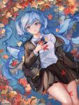 1girl artist_name autumn autumn_leaves bangs black_jacket black_skirt blue_bow blue_eyes blue_hair blue_neckwear blush bow bowtie breasts closed_mouth collared_shirt day eyebrows_visible_through_hair feet_out_of_frame from_above hatsune_miku highres jacket leaf long_hair long_sleeves looking_at_viewer lying maple_leaf off_shoulder on_back outdoors partially_submerged pleated_skirt qie shirt skirt small_breasts solo twintails upturned_eyes very_long_hair vocaloid water white_shirt 