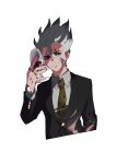  1boy absurdres alcohol black_suit brown_necktie cup dr._stone drinking_glass formal highres holding holding_cup ishigami_senkuu jewelry kuroha_dayo long_sleeves looking_at_viewer male_focus necktie red_eyes ring simple_background solo spiky_hair suit upper_body watch watch white_background wine_glass 
