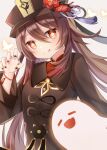  1girl black_nails brown_hair chinese_clothes collared_coat collared_shirt colored_tips commentary_request flower flower-shaped_pupils genshin_impact ghost hat hat_flower highres hu_tao_(genshin_impact) jewelry multiple_rings plum_blossoms ponytail porkpie_hat red_eyes red_shirt ring ringouulu shirt smile solo symbol-shaped_pupils tailcoat thumb_ring twintails 