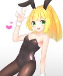  1girl :d animal_ears bangs bare_shoulders blonde_hair breasts collarbone eyebrows_visible_through_hair fake_animal_ears green_eyes heart highres leotard lillie_(pokemon) long_hair looking_at_viewer pantyhose playboy_bunny playboy_bunny_leotard pokemon pokemon_(game) pokemon_sm ponytail rabbit_ears small_breasts smile takahara waving white_background wrist_cuffs 