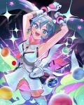  1girl armpits arms_up bangs blue_eyes blue_hair blush commentary diffraction_spikes earth_(planet) full_body gloves hair_between_eyes hatsune_miku jumping long_hair looking_at_viewer open_mouth planet ringlets skirt solar_system solo swept_bangs thigh-highs twintails vocaloid white_gloves white_legwear white_skirt yooki_(winter_cakes) 