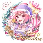  1girl bangs bare_shoulders blue_hair collarbone commentary detached_sleeves dot_nose eyebrows_visible_through_hair fangs fur-trimmed_sleeves fur_trim hair_intakes hand_up hat heart highres holding horizontal_stripes idolmaster idolmaster_cinderella_girls kamiyaminatsu looking_at_viewer merry_christmas multicolored_hair o-ring open_mouth pink_eyes pink_hair purple_headwear ribbon santa_hat shiny shiny_hair short_hair simple_background smile solo striped striped_ribbon two-tone_hair upper_body vertical_stripes white_background wrench yellow_ribbon yumemi_riamu 